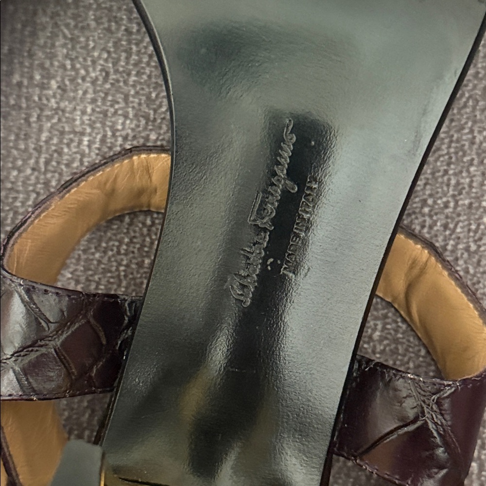 Salvatore Ferragamo Black and Purple Embossed Sandals - Picture 9 of 12